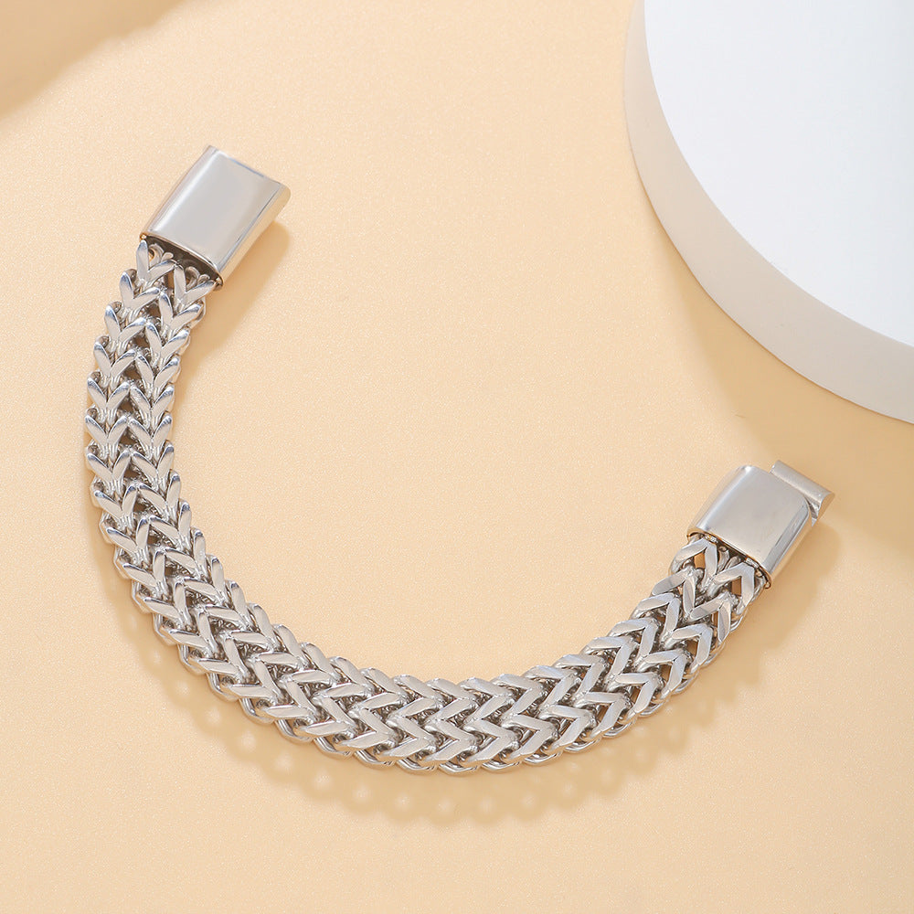 Men's Stainless Steel Plated Round Geometric Woven Double Row Dragon Bone Magnetic Clasp Bracelet