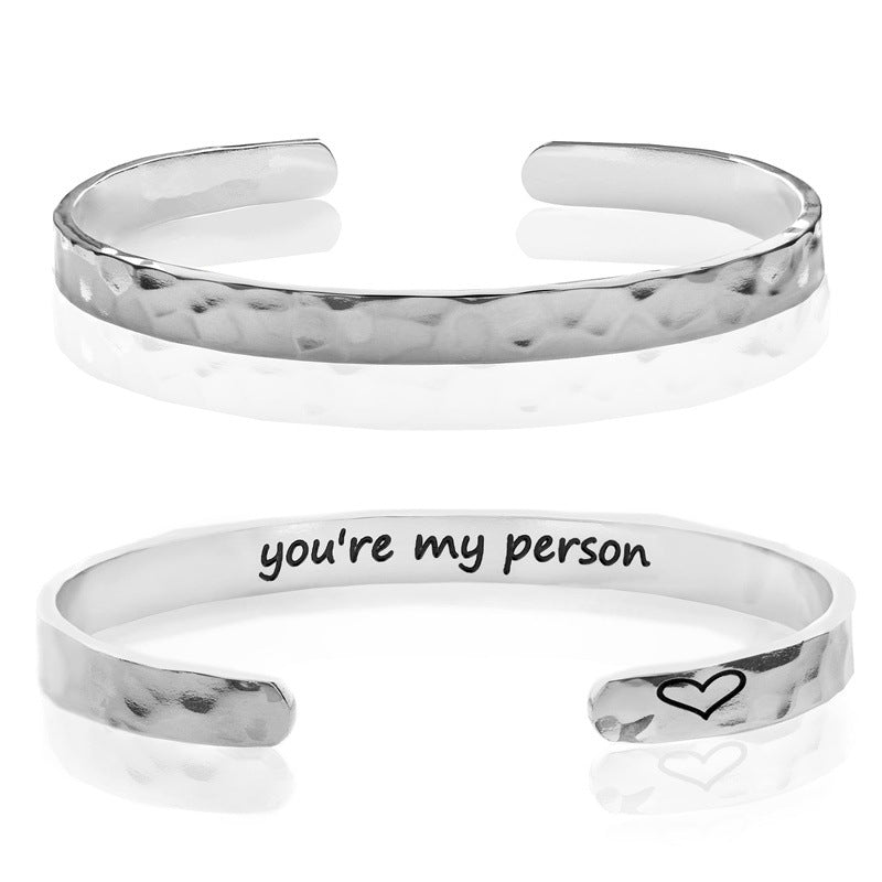 Minimalist Stainless Steel Engraved Open Moon Surface Textured Hammered Bracelet