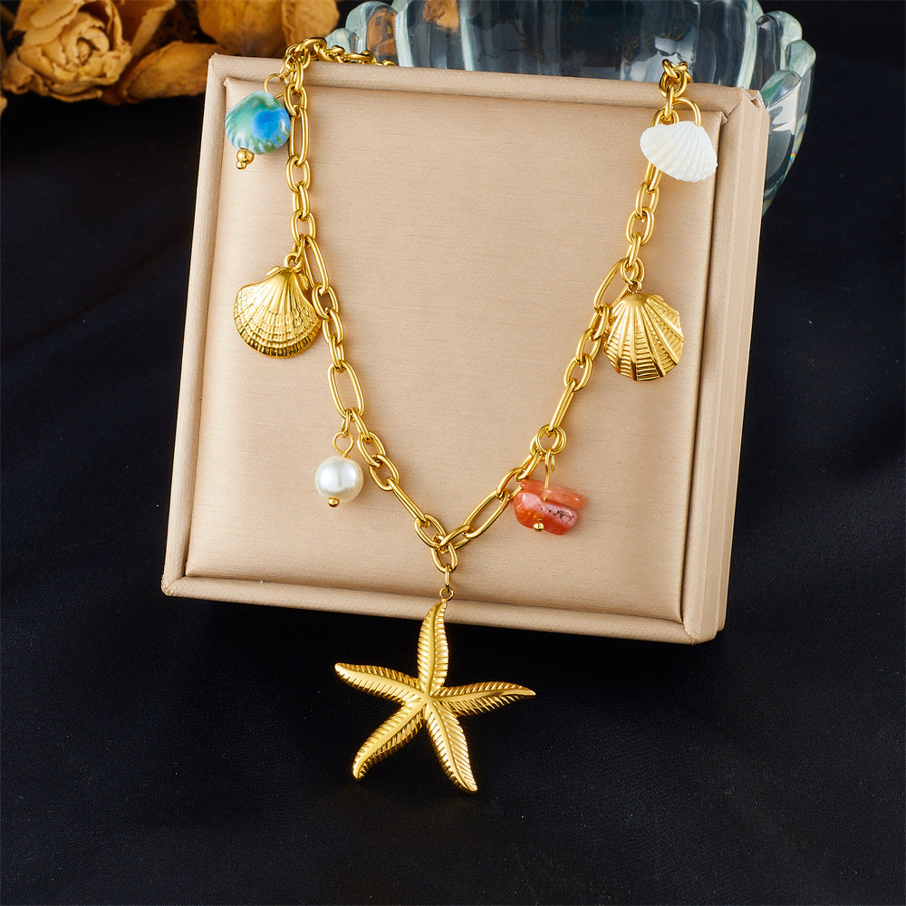 Stainless Steel Plated Star and Shell Pendant Necklace with Cable Chain for Women