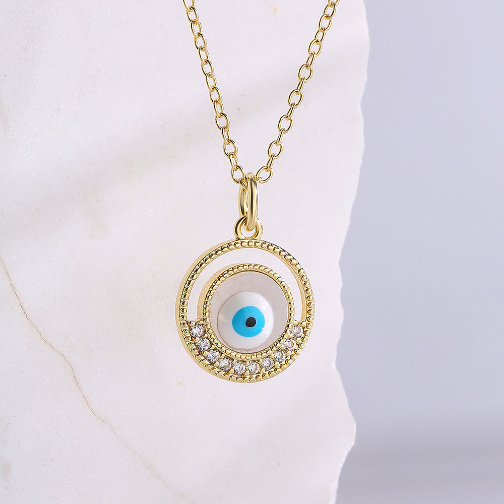 Collana pendente con occhio di Allah minimalista geometrico in rame con smalto e intarsio di zirconi per donna