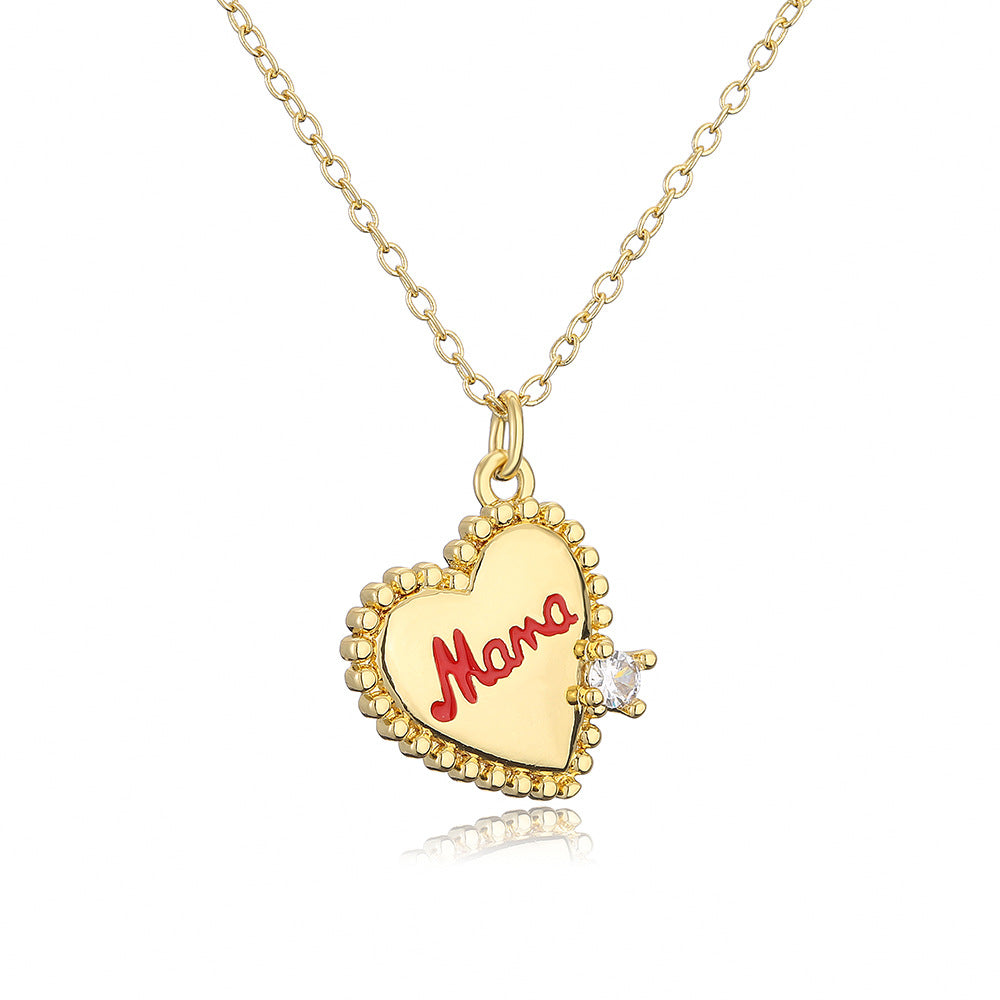 Minimalist MAMA Heart Pendant Necklace for Women with Copper Base Plated in 18K Gold and Zircon Inlay