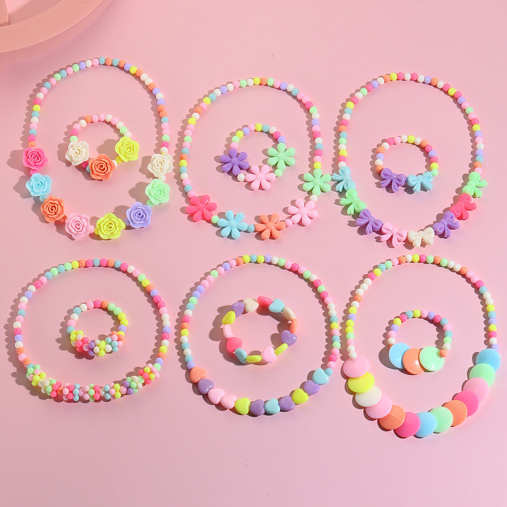 Set di collana e bracciale per bambini con perline, ciondoli a fiocco e fiore, fatti a mano in resina, per bambini da 0 a 10 anni
