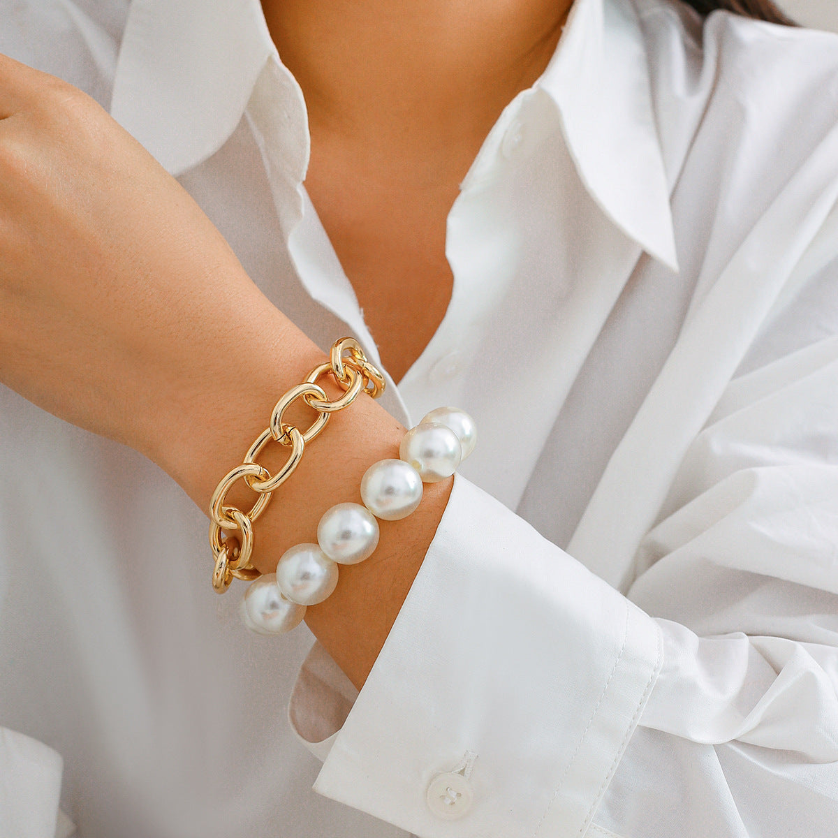 Bracciale geometrico Ins Style da donna con perline e finitura placcata e perle di imitazione
