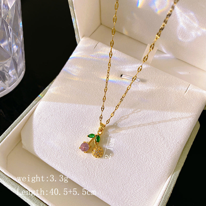 Sporty Sweet Gold Plated Brass Cherry Pendant Titanium Steel Necklace for Unisex