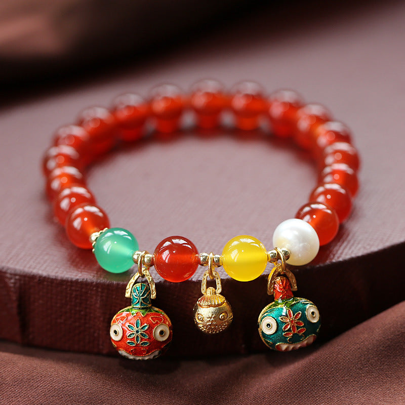 New Chinese Style Animal-Shaped Titanium Steel Bracelet with Crystal and Natural Red Agate Beads for Women