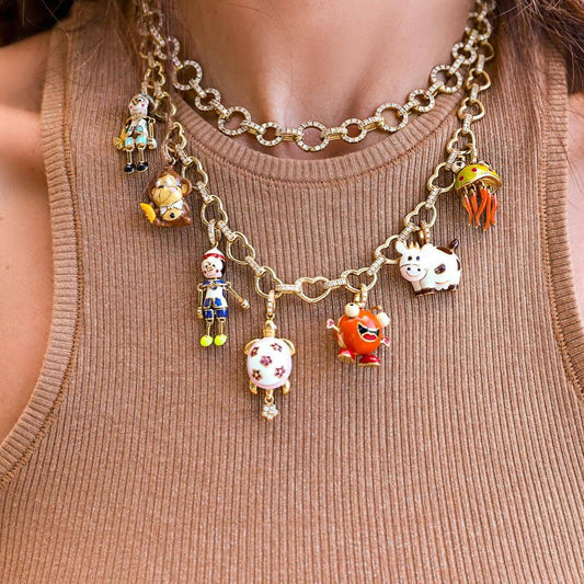 Sweet 18K Gold Plated Drip Oil Titanium Steel Animal Charm Bar Necklace with Rhinestone for Women