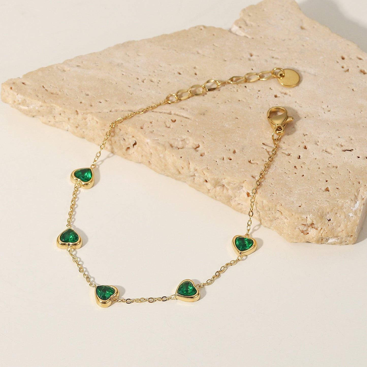 INS Style Geometric Titanium Steel Bracelet with 14K Gold Plating and Green Zirconia Accents for Women
