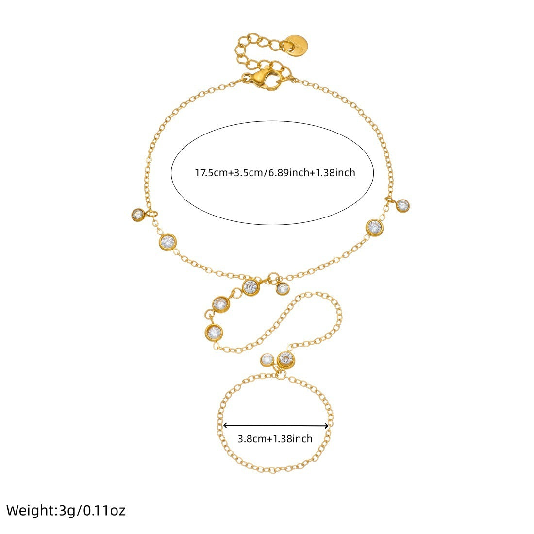 Minimalist Sweet Round Geometric Rhinestone Inlay Plated Stainless Steel Hand Chain Ring