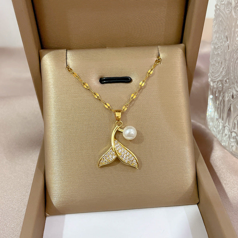 Minimalist Geometric Titanium Steel Necklace with Gold Plated Brass Pendant and Rhinestone Inlay