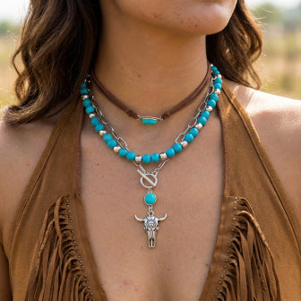 Vintage Bohemian Ethnic Geometric Alloy Plated Layered Necklace for Women with Coin and Asymmetric Chain Elements