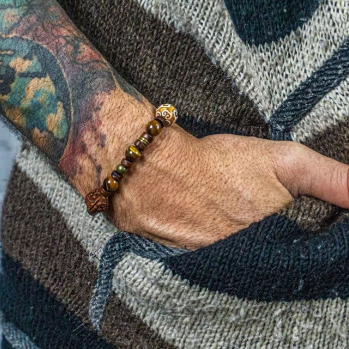 Vintage Handmade Geometric Round Wood and Alloy Beaded Bracelet for Men