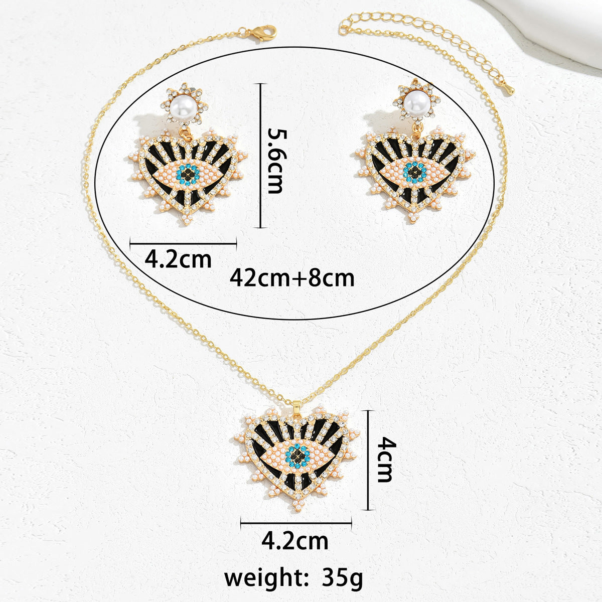 Parure di collana con pendente a occhio turco e orecchini a perno con intarsio di strass per donna, design a cuore e a goccia in lega, stile hip hop retrò