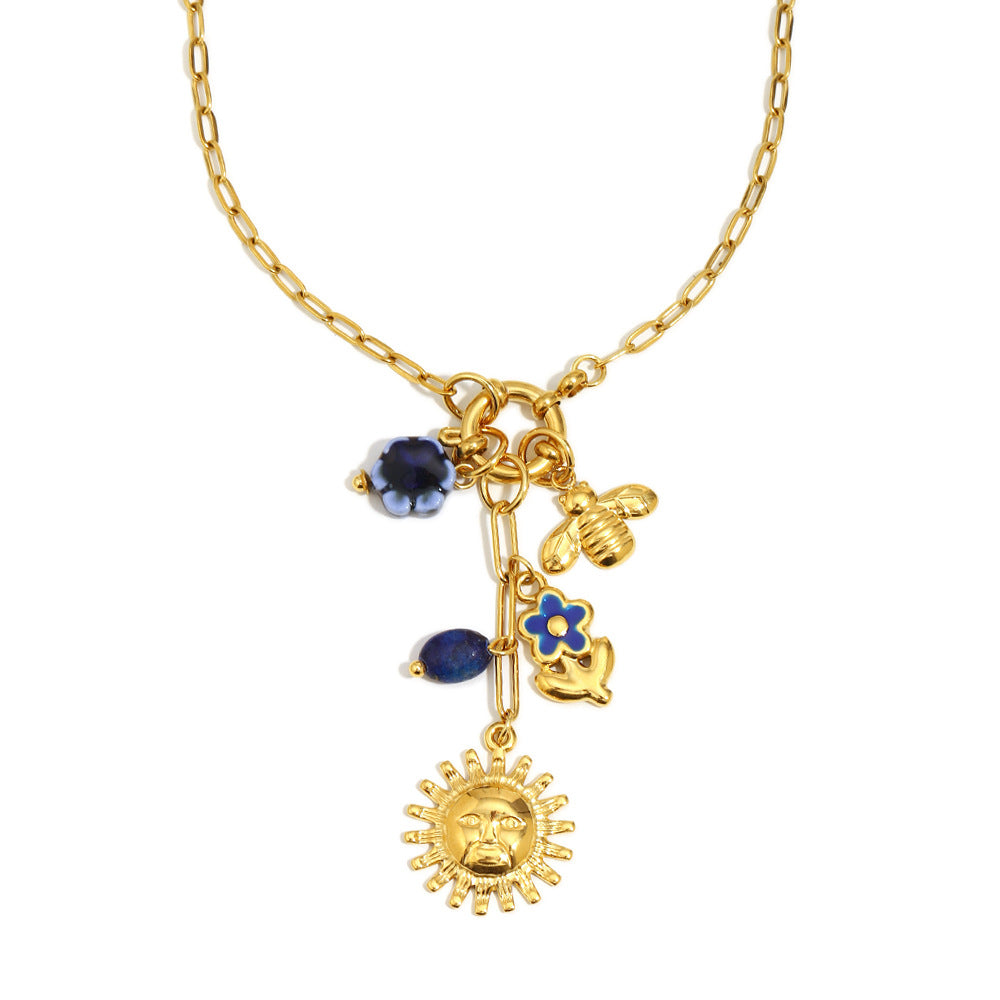 Collana da donna minimalista geometrica in acciaio inossidabile placcato oro 18 carati con ciondolo a forma di sole e ape