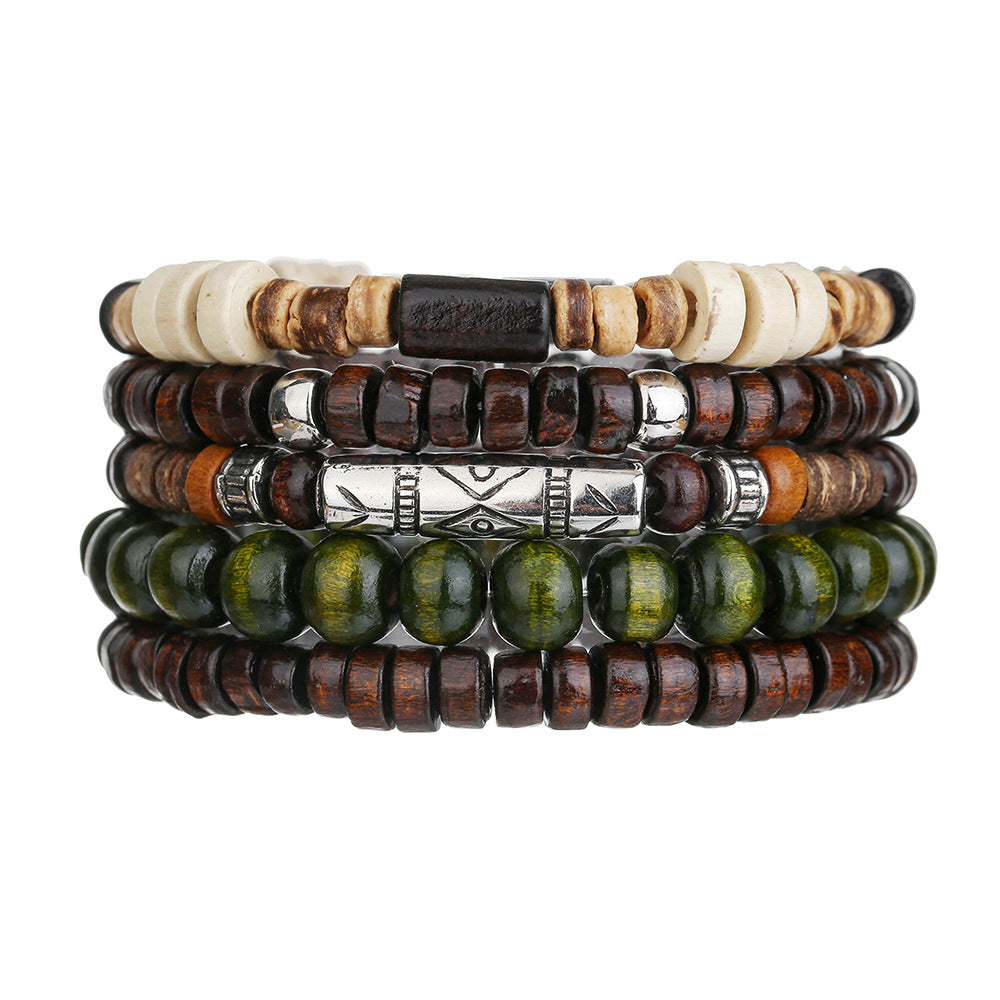 Vintage Hip-hop Round Wood Bead Alloy Multi-layer Stretch Bracelet Set