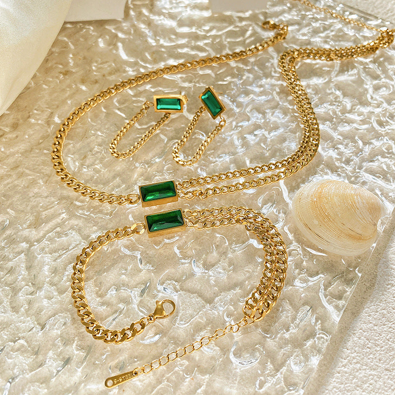 Green Cubic Zirconia Geometric Titanium Steel Plated Layered Necklace Set