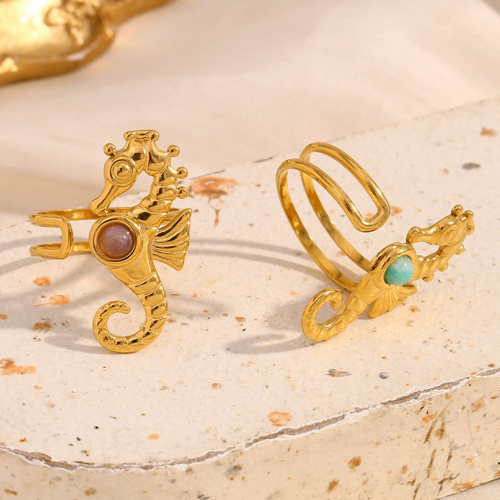 Fashionable Unisex Seahorse-Shaped Stainless Steel Ring with 18K Gold Plating and Ruby Accent