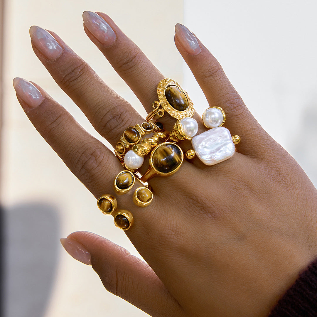 Fashion Geometric Round Tiger's Eye Stainless Steel Ring with 18K Gold PVD Finish for Women