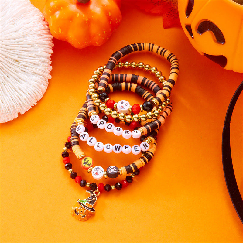 Bracciale da donna con perline a forma di teschio, zucca e fantasma in stile cartone animato, con ciondolo in lega e tema festa di Halloween