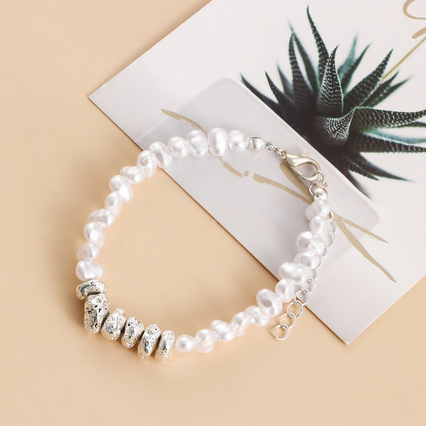 Geometric Fashion Bracelet for Women Made of Alloy with Plated Finish and Simulated Pearl Accents