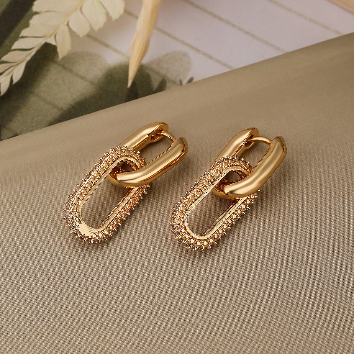Minimalist Geometric Copper Earrings with Real Gold Plating and Zircon Inlay for Women