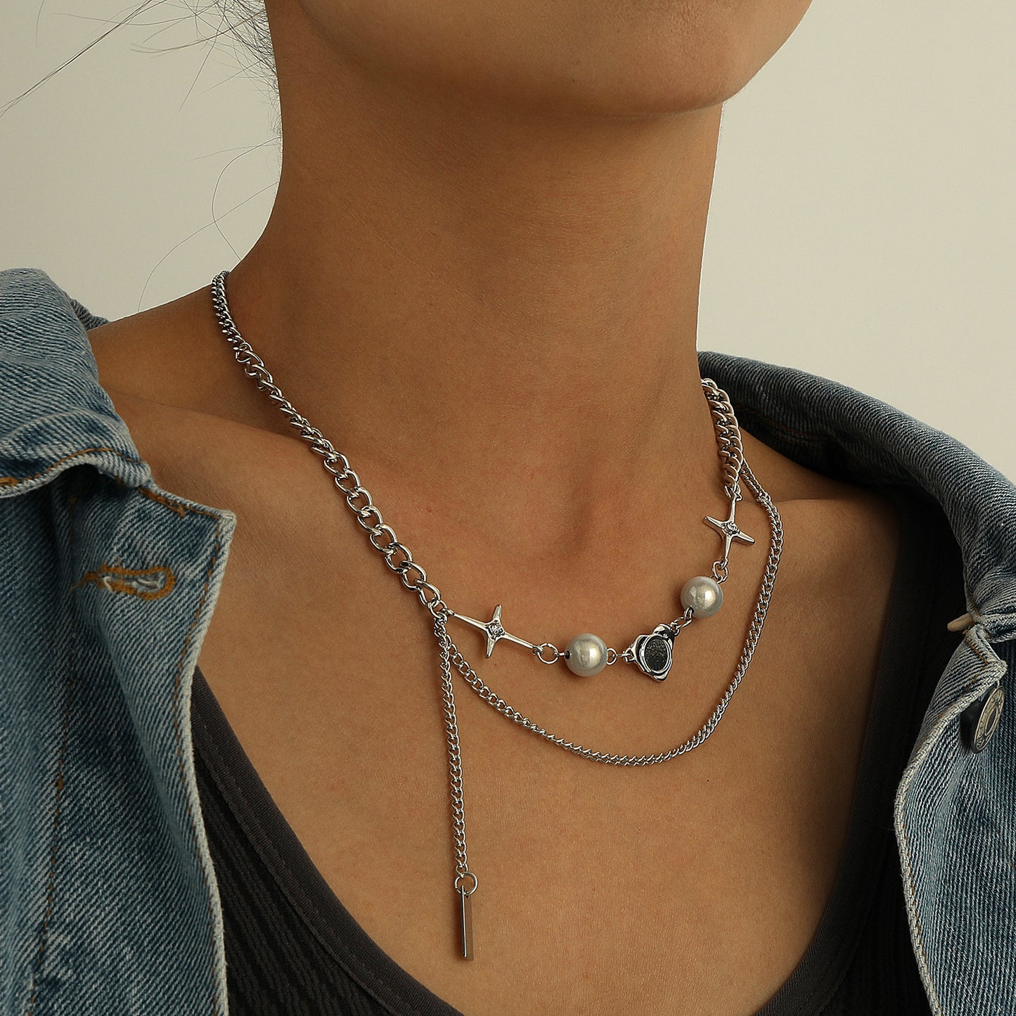 Retro Geometric Pendant Necklace for Women with Stainless Steel Chain, Luminescent Pearl and Rhinestone Star Accent, Fringe Detail, Plated Finish