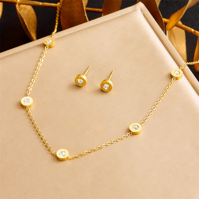 Conjunto de Collar, Pendientes y Pulsera con Colgante Redondo de Números Romanos de Diamantes de Imitación para Mujer, Cadena de Caja Chapada en Acero Inoxidable