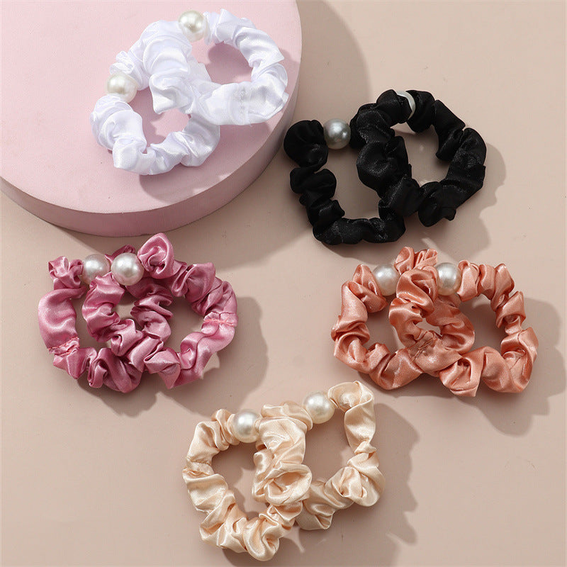 Minimalist Pearl-Embellished Satin Hair Ties Set for Kids with High Elasticity and Solid Colors