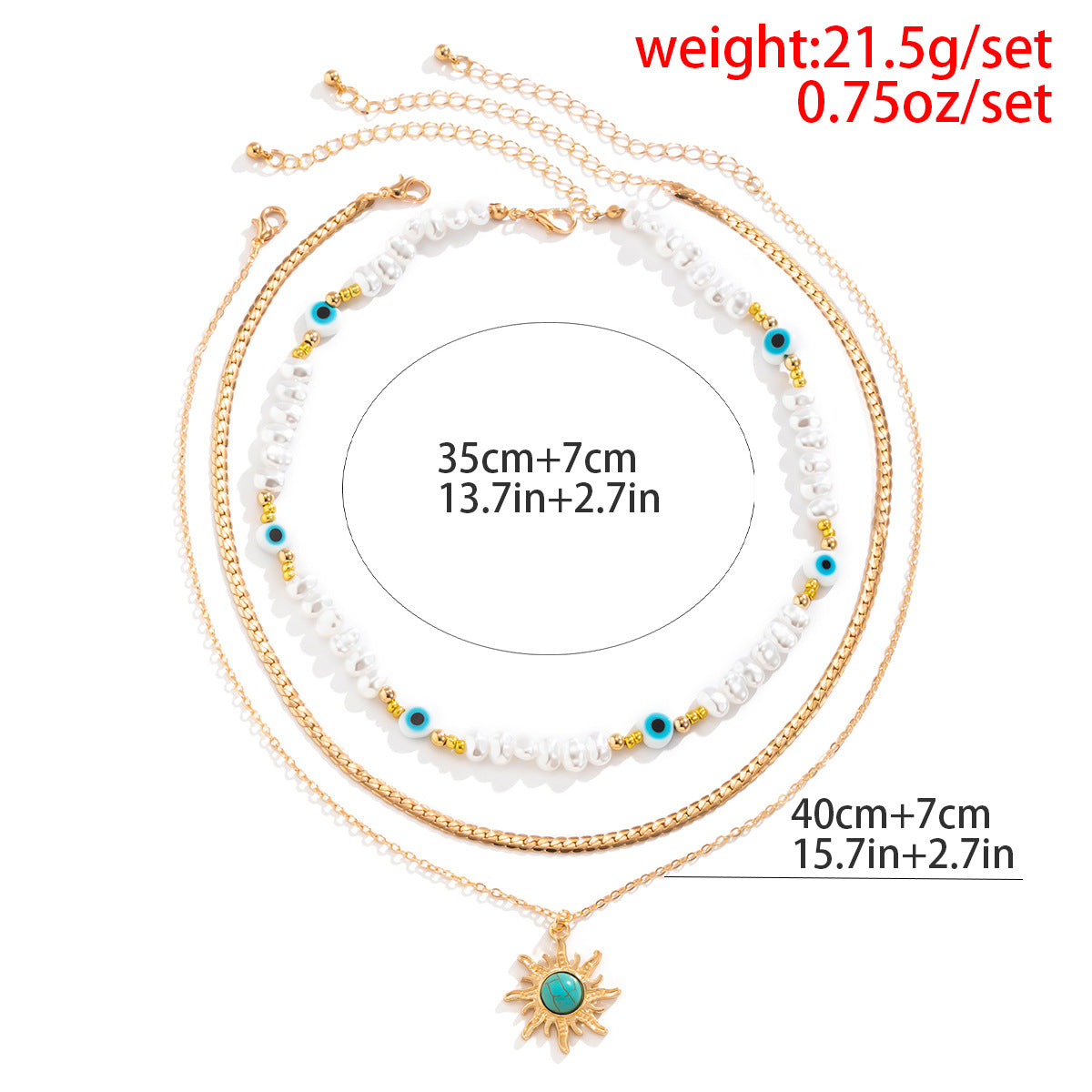 Vintage Bohemian Eye Sun Pendant Resin Alloy Pearl Turquoise Ball Chain Necklace