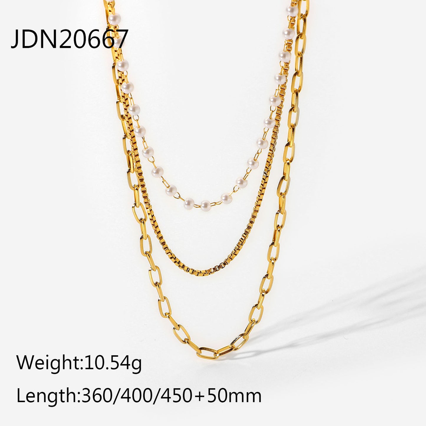 Collana alla Moda da Donna a Tre Strati in Acciaio Inossidabile Placcato Oro 18K con Piccola Perla e Catenina a Bambù
