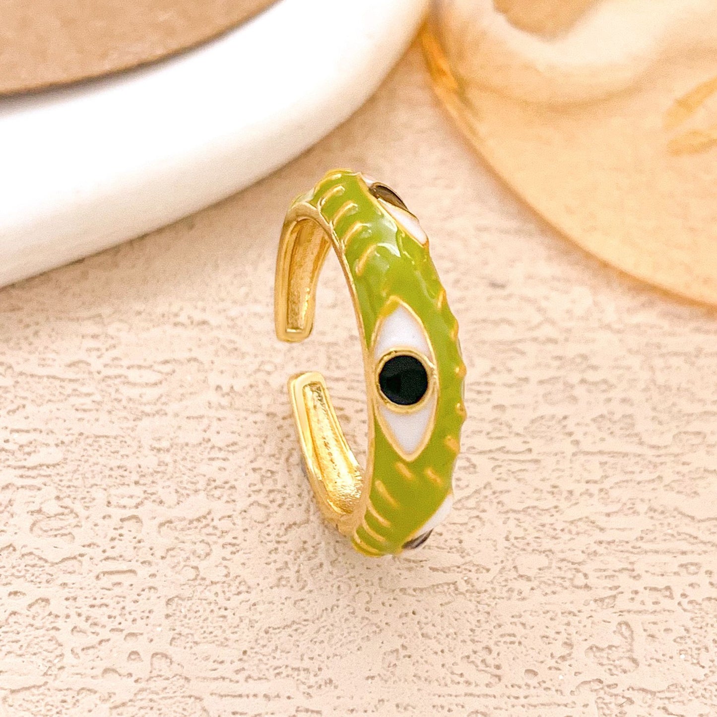 Sweet Alloy Gold Plated Drip Oil Round Oval Ring with Polka Dot Evil Eye Design for Women
