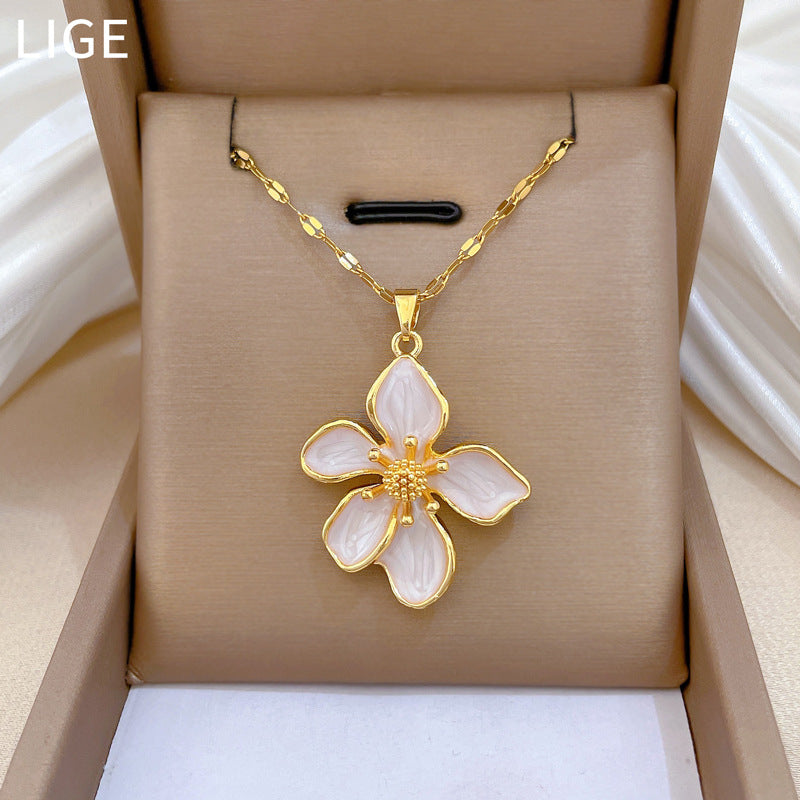 Sweet Drip Oil Floral Rhinestone Pendant Titanium Steel Necklace Cable Chain