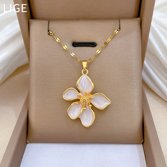Sweet Drip Oil Floral Rhinestone Pendant Titanium Steel Necklace Cable Chain