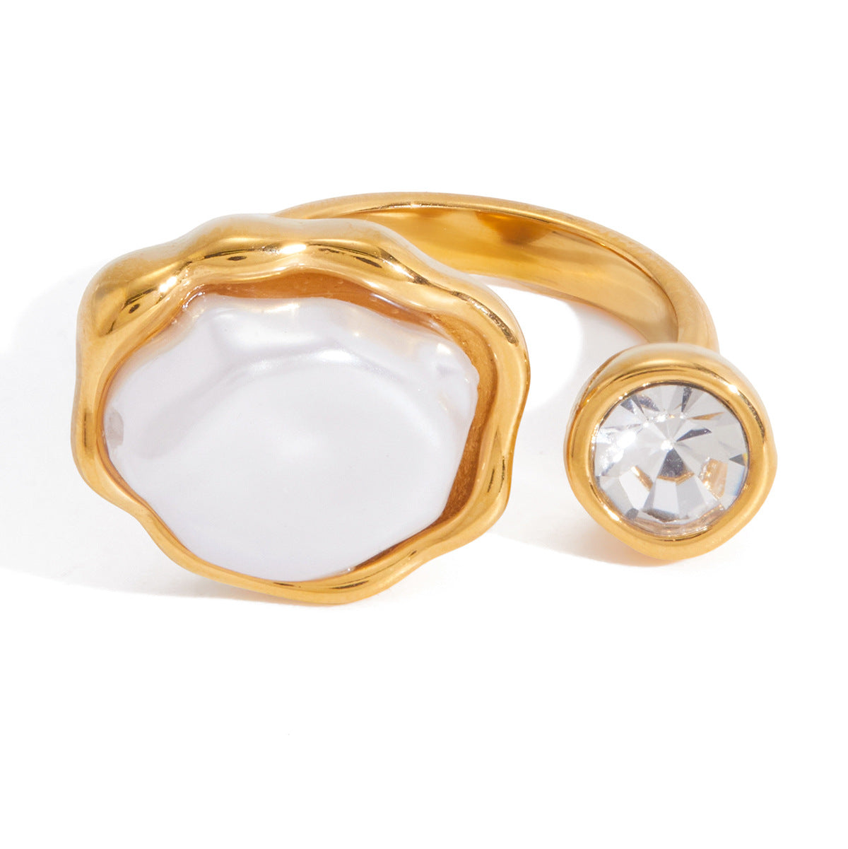 Elegant Minimalist Geometric Stainless Steel Ring with Resin and Pearl 18K Gold PVD Plated