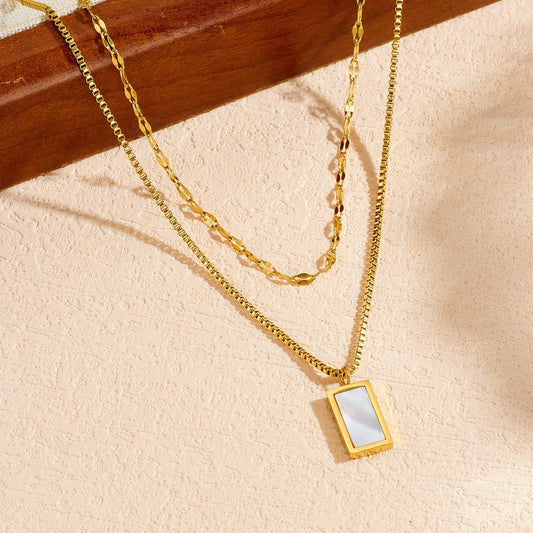 Minimalist Elegant Gold Plated Stainless Steel Double Layer Square Pendant Necklace for Women