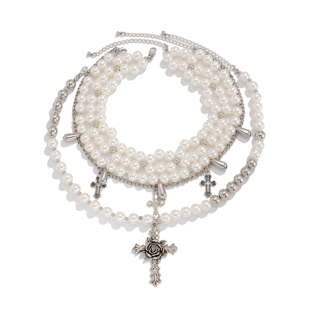 Exaggerated Thorny Rose Cross Pendant Necklace for Women with Alloy Pendant and Imitation Pearl Beads on Ball Chain