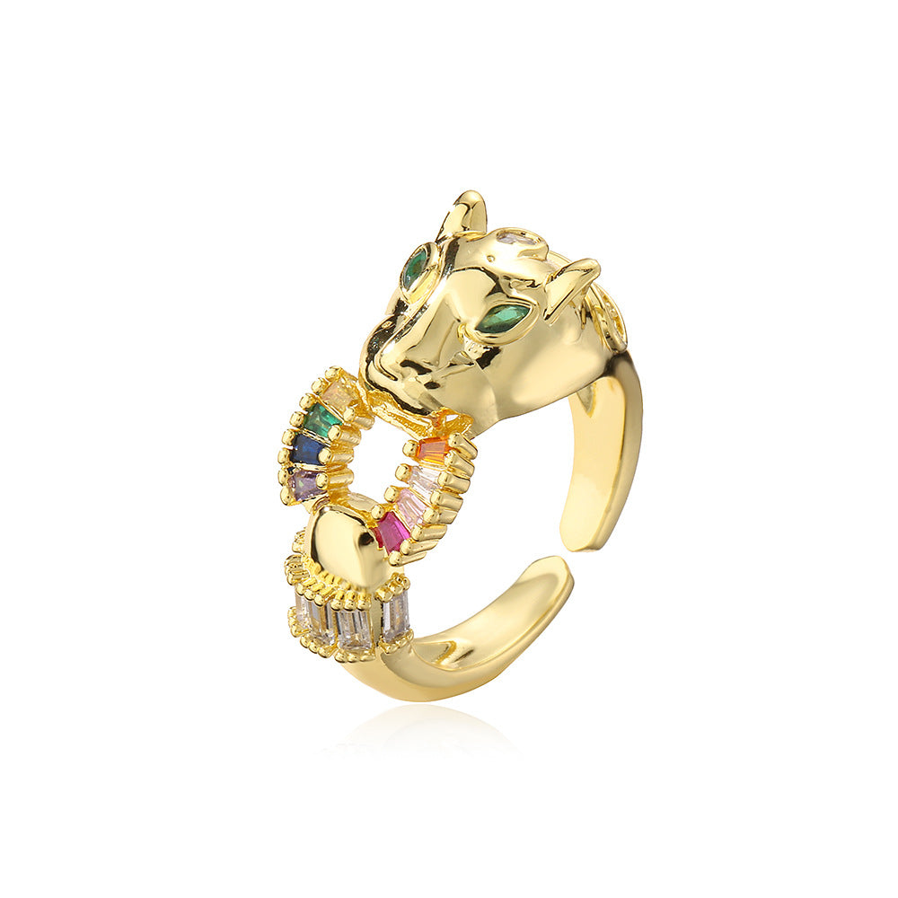 Anello da donna in rame a forma di animale geometrico, minimalista, placcato in oro 18 carati con zirconi micro-pavé