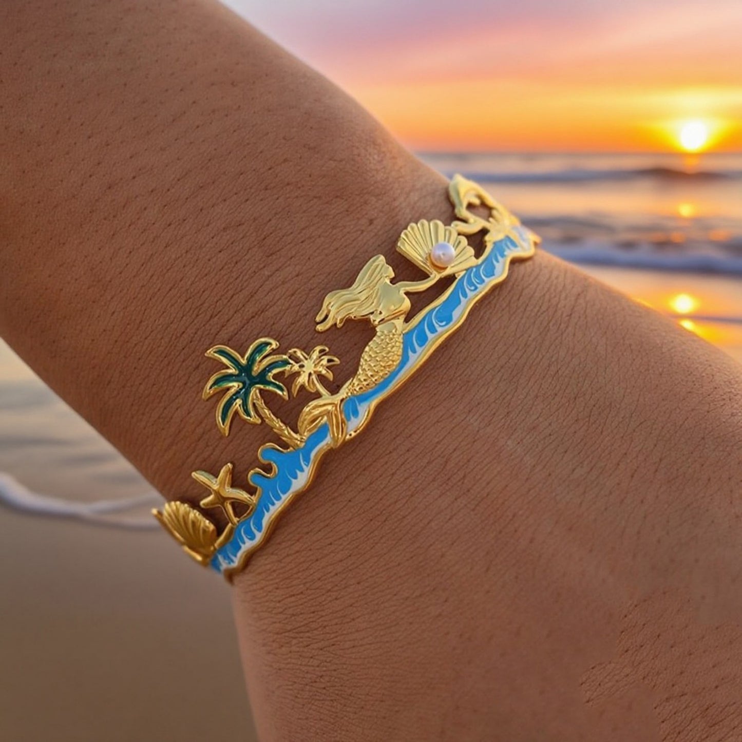 Fashionable Ocean-Themed Starfish Palm Tree Mermaid Stainless Steel Bracelet with Plated Finish for Women