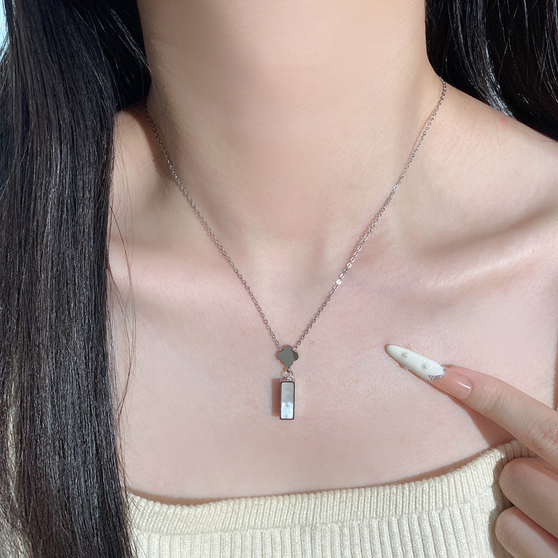 Luxury Gold Plated Titanium Steel Rectangle Four-Leaf Clover Necklace with White Shell Inlay for Unisex