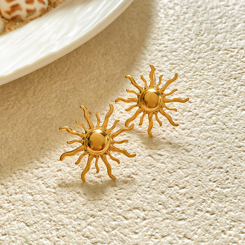 Sweet Sunflower Plant Brass Stud Earrings with Stainless Steel Posts