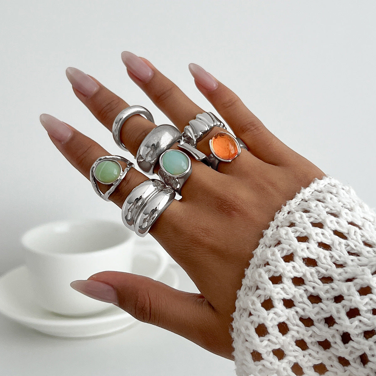 Minimalist Luxury Geometric Alloy Plated Acrylic Inlay Open Ring Set for Women