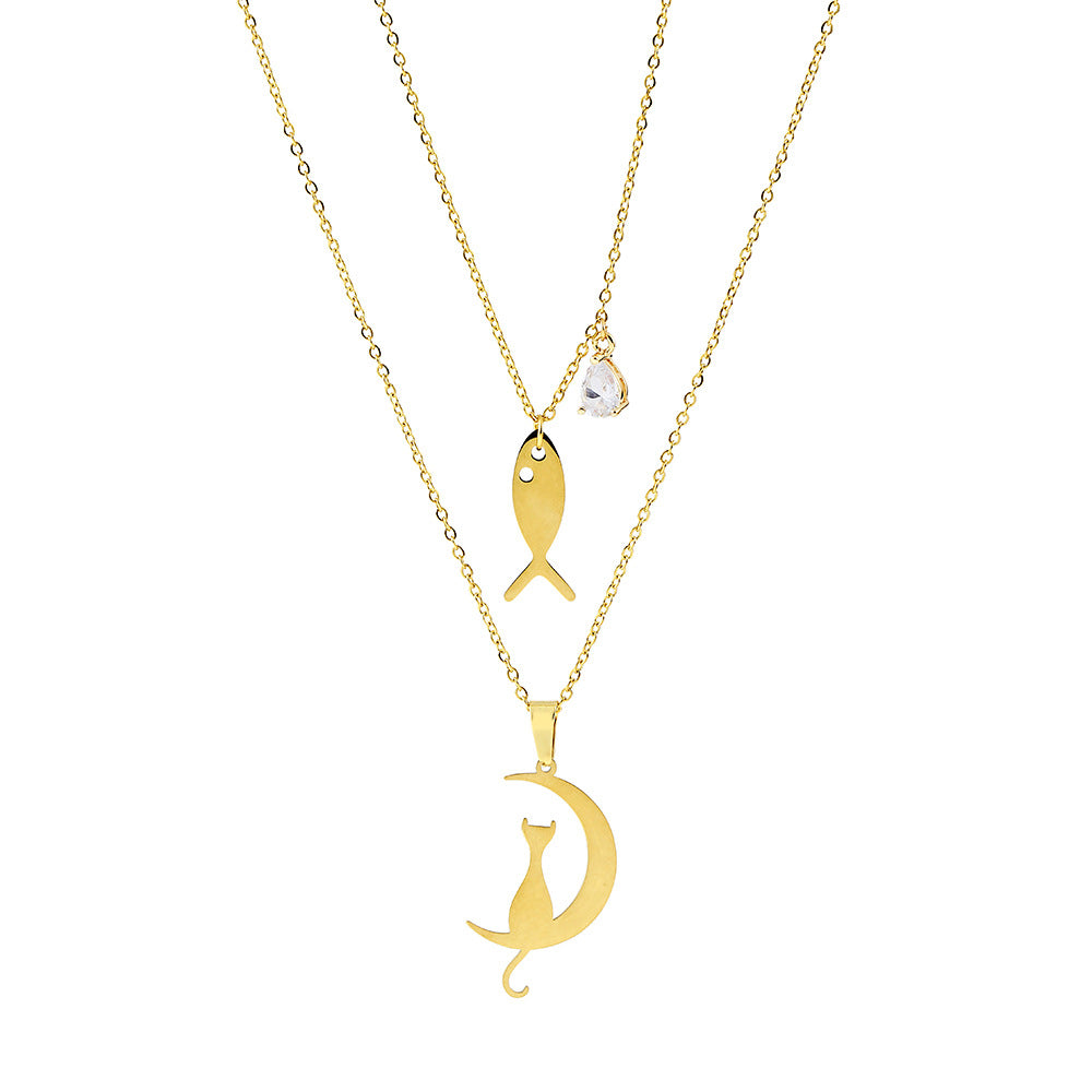 Vintage Gold Plated Moon and Cat Animal Shape Alloy Pendant Stainless Steel Cable Chain Necklace