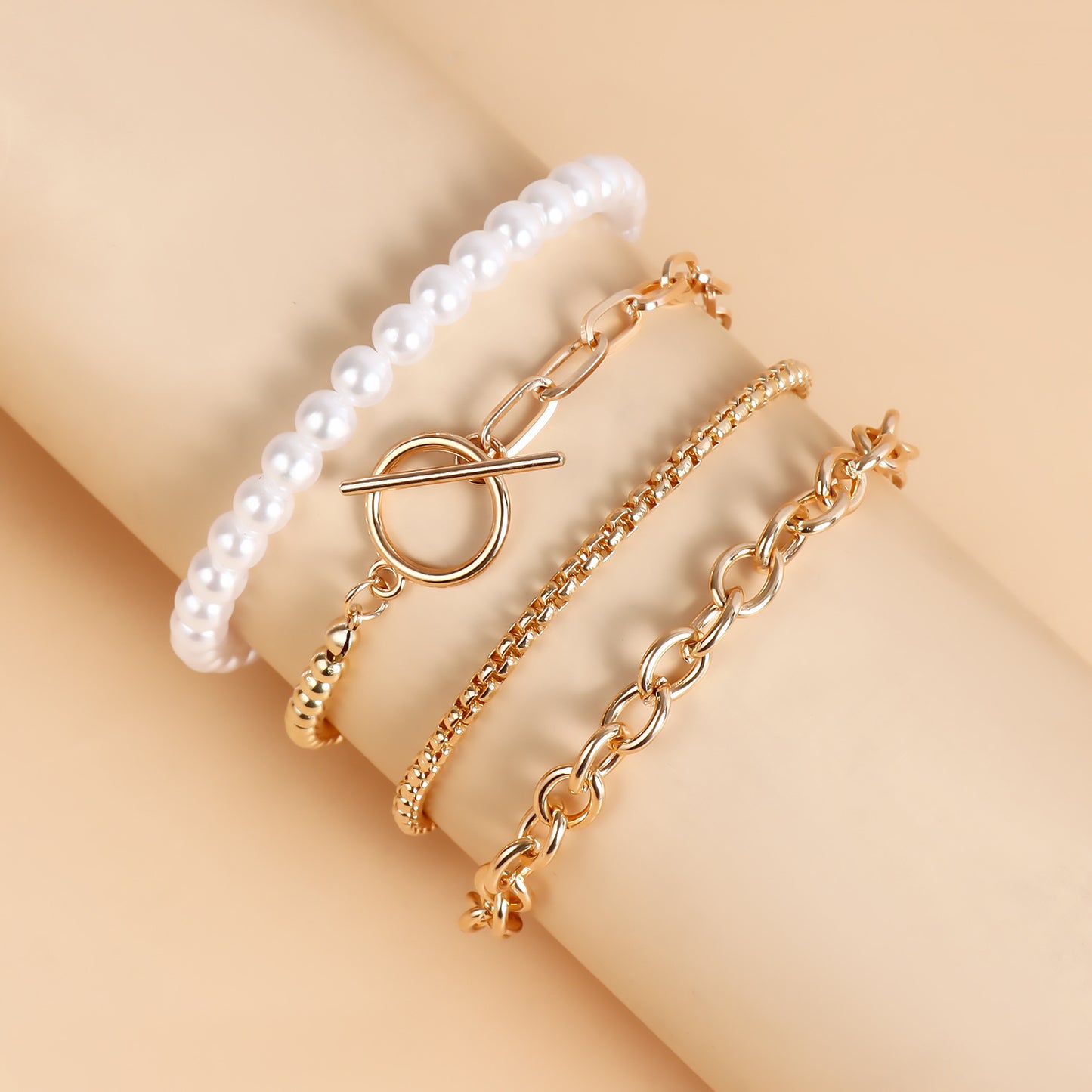 Punk Minimalist Geometric Metal Bracelet Set with Electroplated Finish for Women