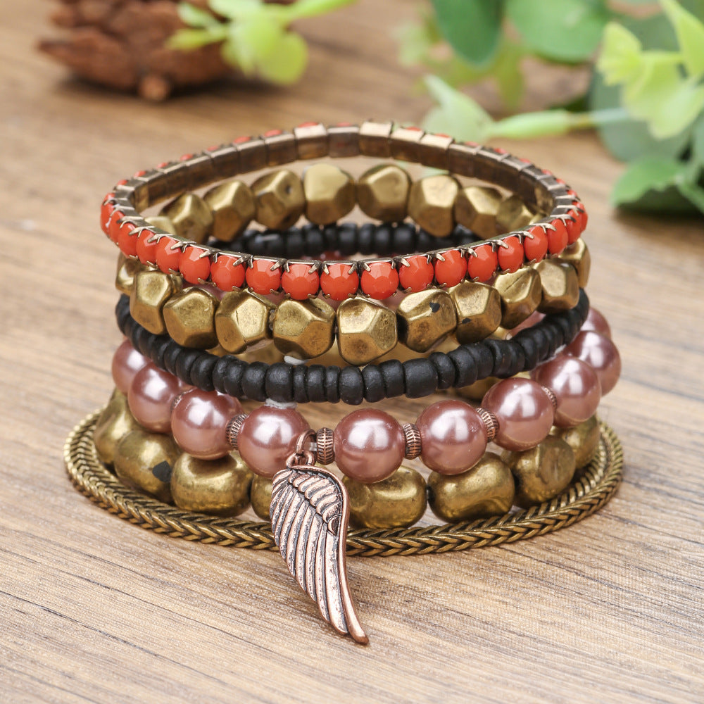 Vintage Bohemian Geometric Round Alloy Acrylic Pearl Bracelet Set