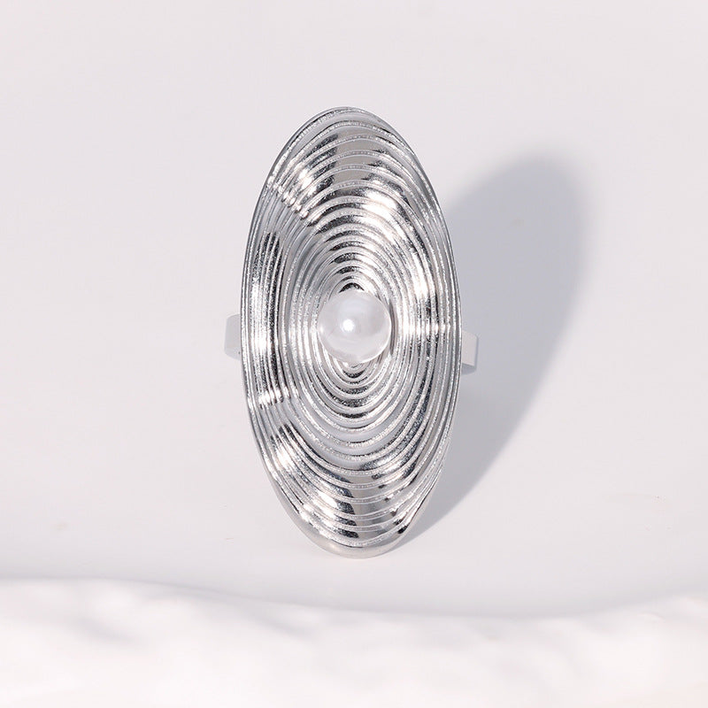 Anello Ovale Minimalista con Perla in Acciaio Inossidabile Placcato per Donna
