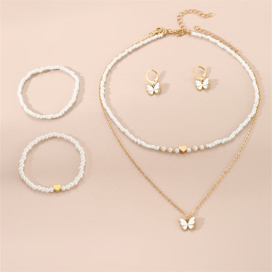 Handmade Butterfly Pendant Necklace Set for Kids with White Beads and Alloy Charm in Fresh Style