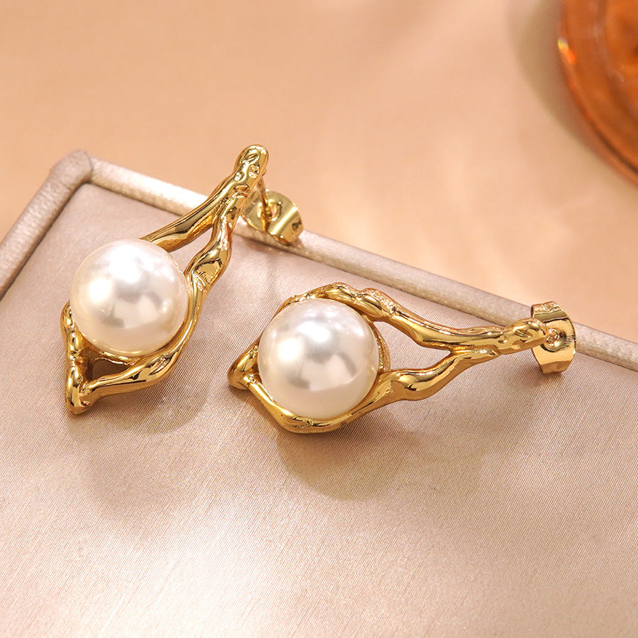 Orecchini Vintage Eleganti Rotondi con Perle Placcate in Acciaio Inossidabile