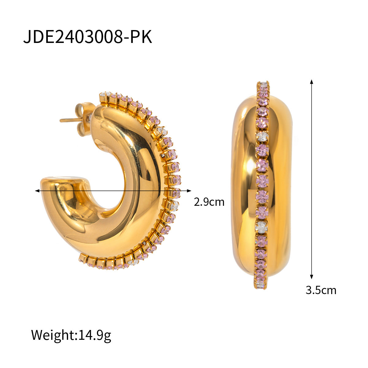 Orecchini a cerchio minimalisti da donna placcati oro 18 carati in acciaio inossidabile con strass verdi e bianchi a forma di C