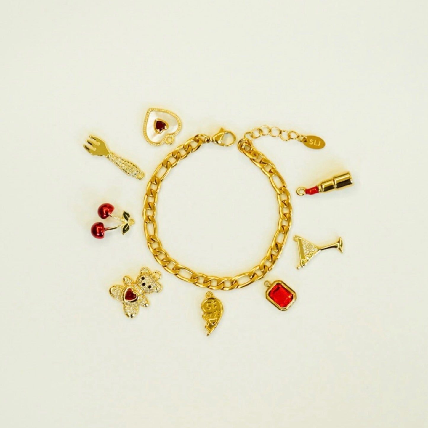 Vintage 18K Gold Plated Stainless Steel Castle Cherry Charm Bar PVD
