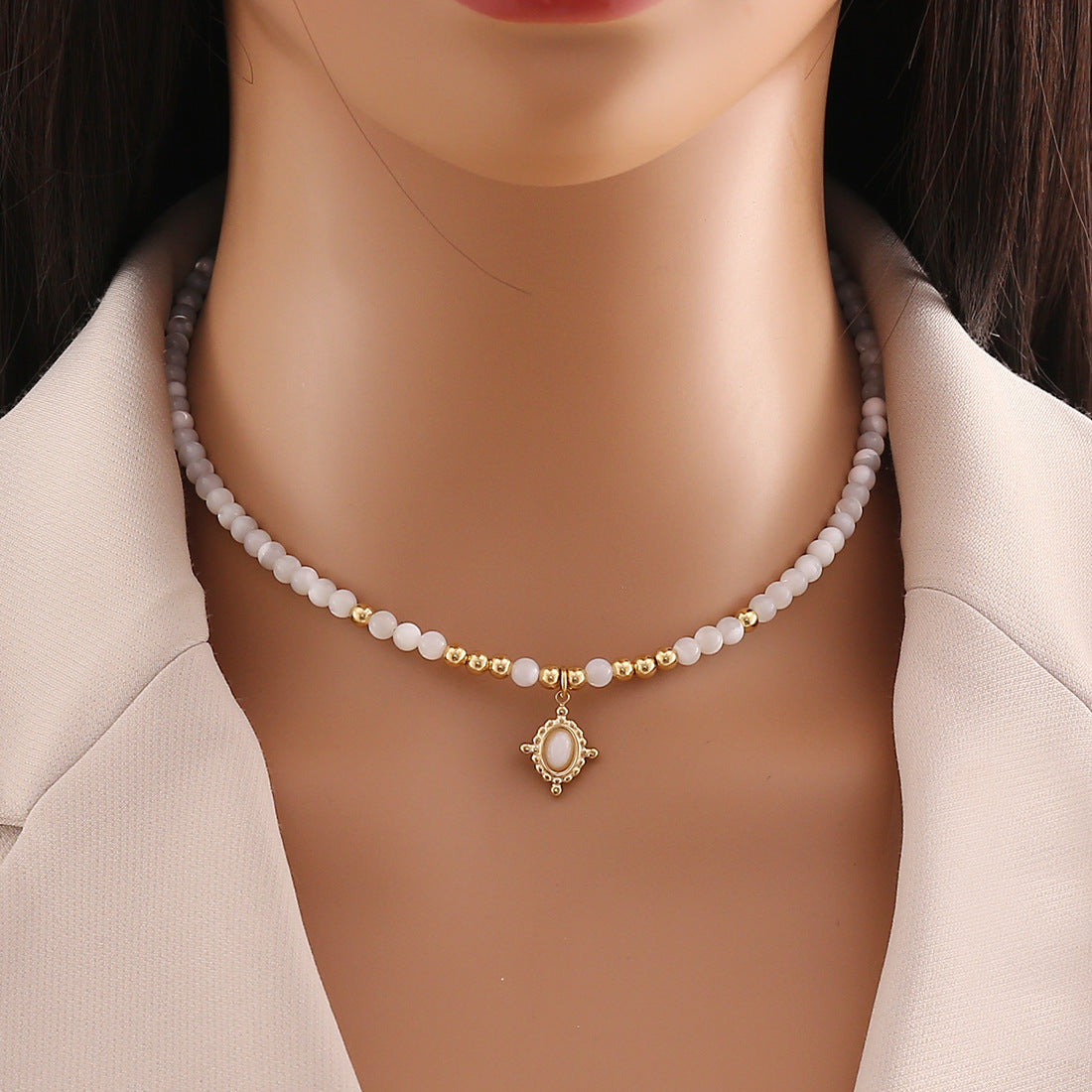 Original Design Geometric Natural Stone Beaded Necklace with Stainless Steel Clavicle Chain for Women