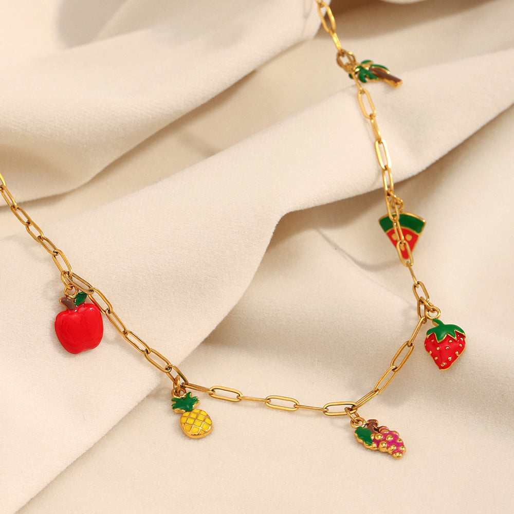 Fashion Fruit-Shaped Stainless Steel Plated 18K Gold Pendant Necklace and Bracelet Set for Women